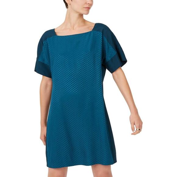 Club Monaco Blue Teal Square Neck Archmand Mini Dot Shift Dress Womens Size 6 - Picture 1 of 7